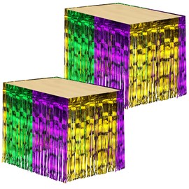 ADXCO 2 Pack 29 x 106 Inches Mardi Gras Metallic Foil Fringe Table Skirt Disposable Tinsel Table Skirt Banner Garland for Rectangle Round Tables, Mardi Gras Decoration, Gold Green Purple