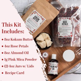 Better Shea Butter Body Butter Making Kit, Includes Kokum Butter, Almond Oil, Dry Rose Petals, Pink Mica, 2 Jars & DIY Recipe Card with Link to Video Tutorial - Natural Whipped Body Lotion Making Kit