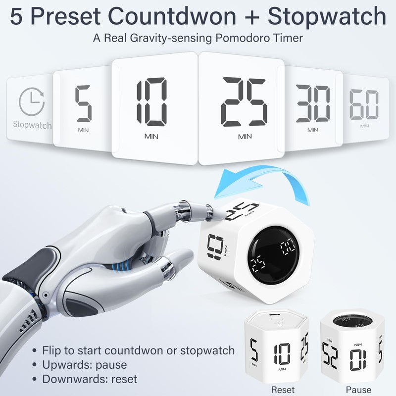 Rotating Pomodoro Timer 5, 25, 10 30,60 Mins Preset Stopwatch,
