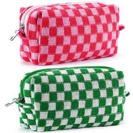 ZLFSRQ 2Pcs Checkered Makeup Bag for Women Medium Travel Cosmetic Bag Makeup Pouch for Purse Zipper Toiletry Bag Organizer Cute Y2K Aesthetic Trendy Adults Makeup Brushes Storage Case(Pink/Green)