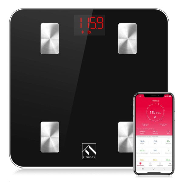 FITINDEX Scale for Body Weight and Fat Percentage, Smart Scale, Digital Bathroom Body Composition Monitor with Bluetooth & App for BMI, Body Fat, Muscle Mass, 400lbs - Black