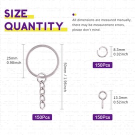Swpeet 450Pcs 1 Inch 25mm Sliver Flat Key Chain Rings Kit, Including 150Pcs Split Keychain Rings with Chain and 150Pcs Jump Ring with 150Pcs Screw Eye Pins Bulk for Jewelry Findings Making