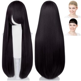 CaseEden 6152 Premium Cosplay Wig, Smooth, Straight Long, 39.4 inches (100 cm), Black, Black Hair