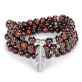 Feather Charm Zen Dear Mala Beads Yoga Inspirational Necklace 108 Durable Self Discovery Mala Prayer Beads Wrap Bracelet (Red Tiger Eye)