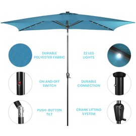 Sun-Ray Rectangular Patio Umbrella 6.6ft by 10ft with 22 Solar Powered LED Lights, Push-Button Tilt and Hand Crank Lift, Solar Umbrella with Teal Fabric for Porch, Deck, and Patio
