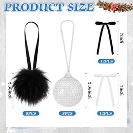 64 Pcs Christmas Ornament Plush Sequins Balls Bows, Black,White