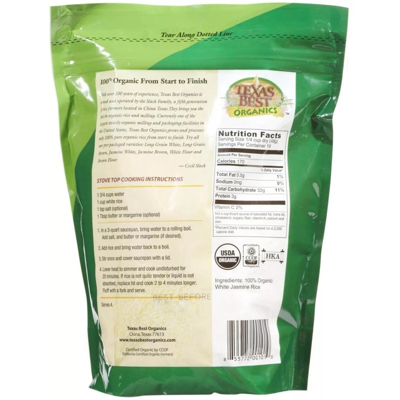Texas Best Organics Rice, Og, Jasmine White, 32-Ounce (Pack of