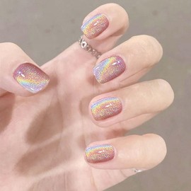 KASOICRA Square Short False Nails 24Pcs, Cat Eye Design, Acrylic Material, Press on Nails with Glitter, Full Cover Artificial Nails, Stick on Nails for Women Manicure Decoration