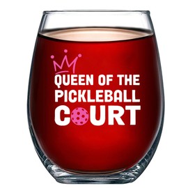 Panvola Queen of the Pickleball Court Pickleball Gifts for Women Wife Mom Grandma Aunt Girlfriend Stemless Wine Glass Clear Glasses For Red White Wine 17 oz