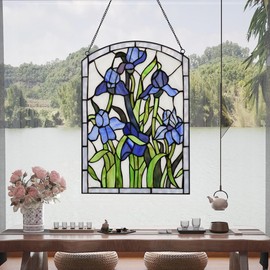YOURANJU Stained Glass Window Hanging Tiffany Botanical Style Crafts Blue Flowers Rectangular Glass Window Panel 16"X11" Window Suncatcher Perfect Window Hangings Housewarming Gift (With Chain Hook)
