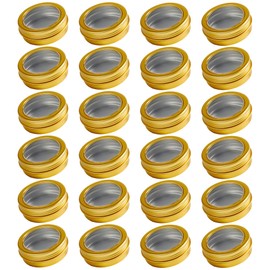 24 Pack 2 Ounce Screw Top Aluminum Tin Jar with Screw Clear Lid and Blank Labels, Refillable 60ml Metal Containers for Lip Balms, Candles, Salves, Spices, Crafts(Gold)