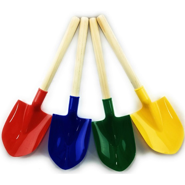 Matty's Toy Stop 16.5" Wooden Mini Sand Shovels for Kids with Plastic Spade (Red, Blue, Green & Yellow) Complete Gift Set Party Bundle - 4 Pack