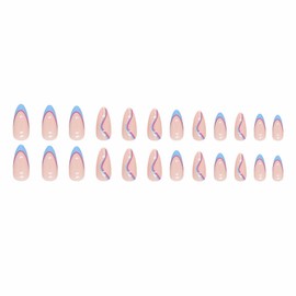 MERVF Medium Press on Nails Almond Fake Nails Blue French Tip Stiletto Glue on Nails Press ons with Glitter Stripes Design Glossy 24pcs Artificial Acrylic Nails for Women