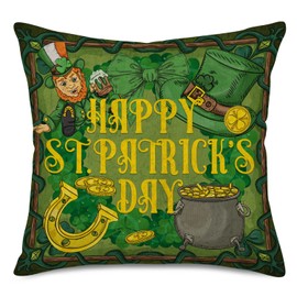 Smilyard Happy St. Patrick's Day Pillow Covers 18x18 Inch Vintage Spring Holiday Green Clovers Irish Hat Gold Coin Lucky Shamrock Throw Pillow Cover Cotton Linen Pillow Case for Sofa Couch