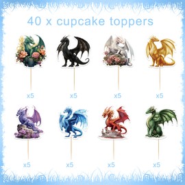 40 Pcs Dragon Birthday Party Decorations, Fantasy Dragon Cupcake Toppers, Mystical Cupcake Picks for Birthday Parties and Events (8 Designs)