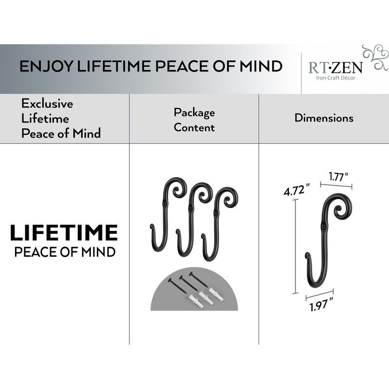 RTZEN Wall Mount Hook Set - Wrought Iron Decorative Rustic