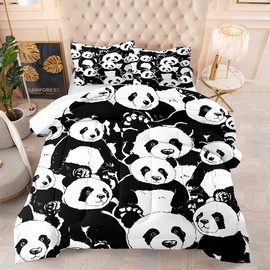 DYcolor 3D Kids Cartoon Lovely Panda Bear Printed Quilt, 3-Piece Lightweight White and Black Panda Comforter Set with 1 Comforter and 2 Pillow Cases for Boys, Girl (Black, Twin)