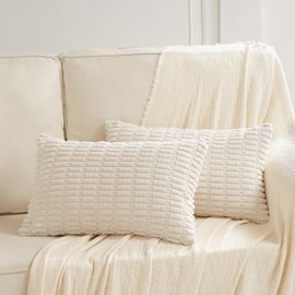 Fancy Homi 2 Packs Cream Lumbar Decorative Throw Pillow Covers 12x24 Inch for Living Room Couch Bed Sofa, Rustic Farmhouse Boho Home Decor, Soft Striped Corduroy Rectangle Cushion Case 30x60 cm