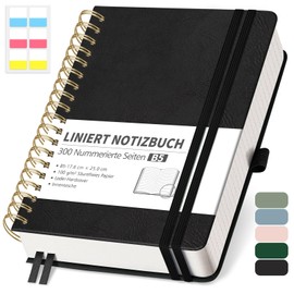 RETTACY Notebook B5 Lined, Bullet Journal with 100 g/m² Thick Paper, 150 Sheets/300 Numbered Pages, College Pad for Office and School, Leather Cover, Black, 17.6 cm x 25 cm
