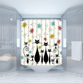 CCXTCZ Mid Century Modern Shower Curtain Atomic Cat Diamonds Iconic Sputnik Black Retro Abstract Geometric 1950s 1960s Fabric Bathroom Decor Curtains with Hooks,Beige Black
