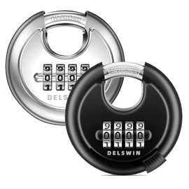 DELSWIN 4-Digit Disc Combination Lock Outdoor - Heavy Duty Combination Padlocks with Hardened Steel Shackle Weatherproof Combo Locks for Gates,Sheds,Fence,Storage Unit (3/8" Shackle, Black and Silver)