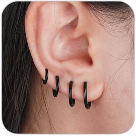 4 Pairs Gold Hoop Earrings Set for Women, 14k Gold Plated Cartilage Hoop Earring Hypoallergenic Non Tarnish Small Hoop Earrings for 2nd 3rd Hole Gold Huggie Hoop Earrings for Women Men Gifts - Color: Black