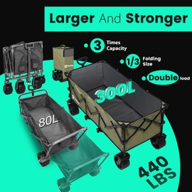 Sekey 48''L Collapsible Foldable Extended Wagon with 440lbs Weight Capacity, Heavy Duty 300L Folding Utility Garden Cart with Big All-Terrain Beach Wheels & Drink Holders. Khaki