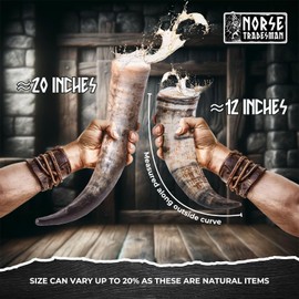 Norse Tradesman Genuine 12" Ox-Horn Viking Drinking Horn with Exquisite Hand Engraved Wolf & Celtic Knot, Black Leather Belt Holster, Fitted Horn Stand & Burlap Gift Sack Included - Wolfsbane, 12-In