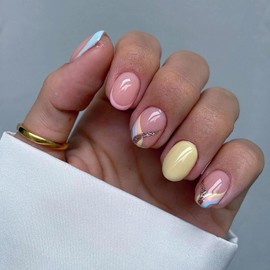 MERVF Square Press on Nails Short Fake Nail Blue French Tip Glue ons Rainbow Swirls Glitter Lines Acrylic Nails Squoval Summer Manicure 24pcs Glossy