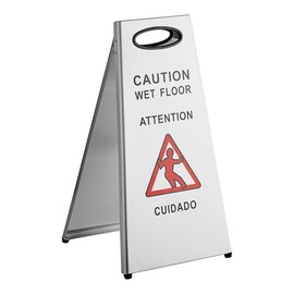 Stainless Steel Caution Wet Floor Sign, 24.5 Inches, A-Frame, Bilingual, Silver