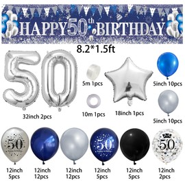 50th Birthday Party Decorations Navy Blue Silver Happy 50th Birthday Yard Banner with 61pcs Latex Balloons Foil Number 50 Balloons Backdrop for Men Women Birthday Anniversary Party Decor Supplies