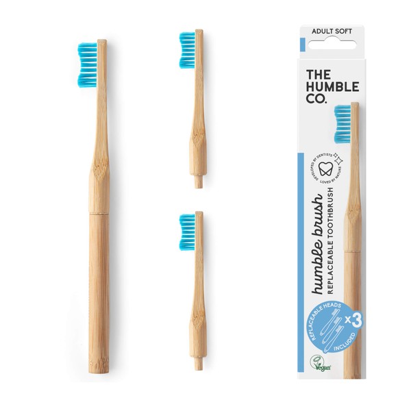 Biodegradable Bamboo Toothbrush & 3 Toothbrush Heads by The Humble Co. – Vegan and Eco Friendly Toothbrushes for Sustainable Zero Waste Oral Care, BPA Free Soft Bristle Toothbrush (Blue)