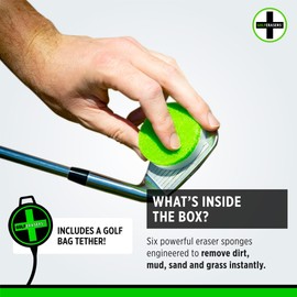 GolfERASERS Instant Golf Eraser with Bag Tether, Premium Dual-Sided Sponge for Cleaning Clubs, Shoes & Golf Balls - Golf Club Cleaner, Golf Ball Cleaner, Golf Club Groove Cleaner, 6 Pack