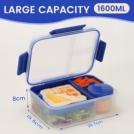 Bugucat Bento Box 1600ML,Lunchbox Salad Lunch Container to Go with Compartment Tray,Bento Lunch Box Salad Bowl with Dressing Container,Meal Prep to Go Containers for Food Fruit Snack Sandwich,Blue