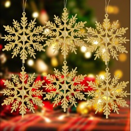 DERAYEE 12 Pcs Christmas Party Decorations Gold Snowflakes Ornaments, 4 Inch Plastic Glitter Snow Flakes for Home Winter Xmas Tree Hanging Decor