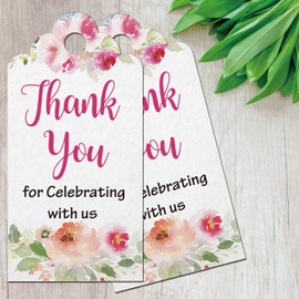Floral Thank You for Celebrating with Us Tags 100Pcs White Thank You Tags for Wedding Favor Baby Shower Party Favors, Paper Gift Tags with 100 Feet Jute String