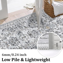 Yamaziot Washable Runner Rug 2x6 – Non Slip Boho Floral Hallway Runner Rug with Rubber Backing, Low Pile Faux Wool Distressed Carpet for Kitchen, Laundry, Bedroom, Entrance, Gray