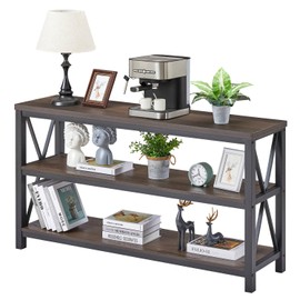 FATORRI Console Table for Entryway, Sofa Tables Behind Couch, Rustic Wood and Metal Foyer Table with 3 Tier Shelves for Hallway Living Room, Front Door (55 Inch, Walnut Brown)