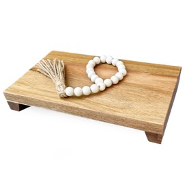 Lyfe Simple Natural Acacia Wood Pedestal Stand | Wood Riser with Decorative Beads | Kitchen Counter Decor | Soap Tray for Kitchen Sink | Bathroom Tray | Tabletop Wooden Stand (12 x 7 x 1.75 Inch)