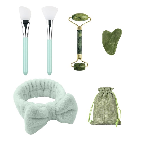 Gua Sha Stein 6-teiliges Set, Jade-Gesichtsmassage, Hautpflege, Gesichtsroller, Schönheits- und