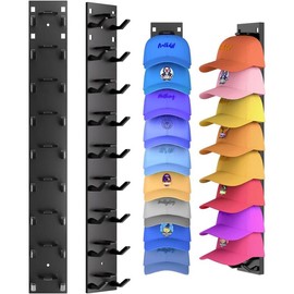 2 Pack Hat Organizer for Baseball Caps, Strong Adhesive Hat Rack for Wall, Multilayer Hat Storage Display Holder, Wall Mounted Hat Hooks Hold up to 18 Hats for Closet Door and Bedroom:_Black