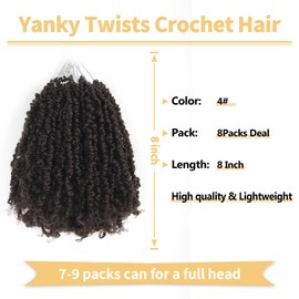 Ainimiu Yanky Twist Crochet Hair - 8Inch 8 Packs (20 Strands/Pcs) Pre-twisted Fluffy Spring Mini Twist Short Passion Twist, Ombre Brown Pre-Looped Crochet Braids Braiding Hair