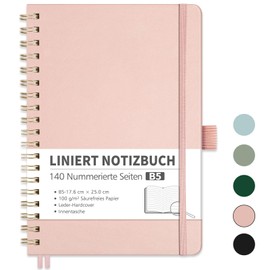 RETTACY Notebook B5 Lined, Bullet Journal with 100 g/m² Thick Paper, 70 Sheets/140 Numbered Pages, College Pad for Office and School, Leather Cover, Rose Gold, 17.6 cm x 25 cm
