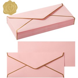 50 Pack #10 Business Envelopes with Gold Border, Self Seal Standard Envelopes with Gold Stickers for Office, Checks, Letter Mailing, Invoices, 4 1/8 x 9 1/2 Inches (Pink)