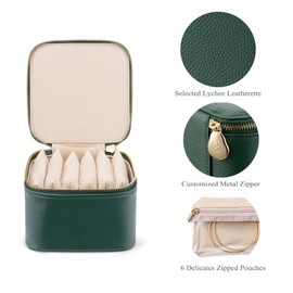 Vlando Small Travel Jewelry Box Organizer -6 Small Carry-on Zipped Pouches for Jewelries Necklaces Rings Earrings Necklace Sorting Storage, Dark Green