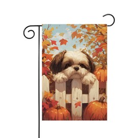 HILILIAN Shih Tzu Fall Garden Flag 12x18 Double Sided, Burlap Small Pumpkin Fence Autumn Leaves Garden Yard House Flags Outside Outdoor Autumn Porch Lawn Decoration(4328)
