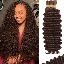 Bizvus 22inch Human Braiding Hair for Boho Braids 110g Deep Wave Boho Bulk Human Hair for Braiding Knotless 12A Wet and Wavy Bulk Bohemian Curly 3 Bundles/Pack #4 Chocolate Brown Auburn Ginger Color