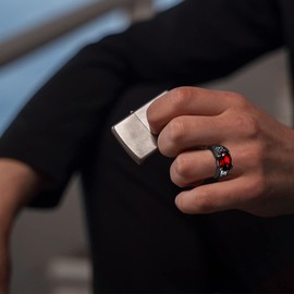 Red Cubic Zirconia Rngs for Men,Black Stainless Steel Signet Biker Crystal Ring,Oval Round Gemstone Ring,Engagement Wedding Proposal Bridal Red Gem Cz Ring Jewelry Gift for Him (GemRing_C, 7)