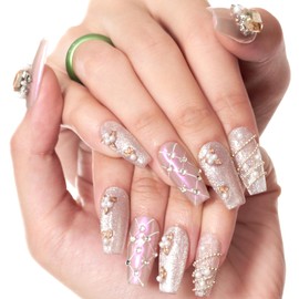 GLAMERMAID 10 Pcs 3D Luxury Handmade Press on Nails Long Conffin, Chrome Pink Acrylic Fake Nails with Rhinestones Charms Chains Design, Pearl False Nails Stick Glue on Nail, Manicure Kit for Women L