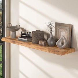 Floating Shelves for Wall, 42" Live Edge Solid Elm Wood Floating Shelf, Wall-Mounted Display Shelves with Invisible Heavy-Duty Metal Bracket, Floating Shelf for Living Room Kitchen, Natural